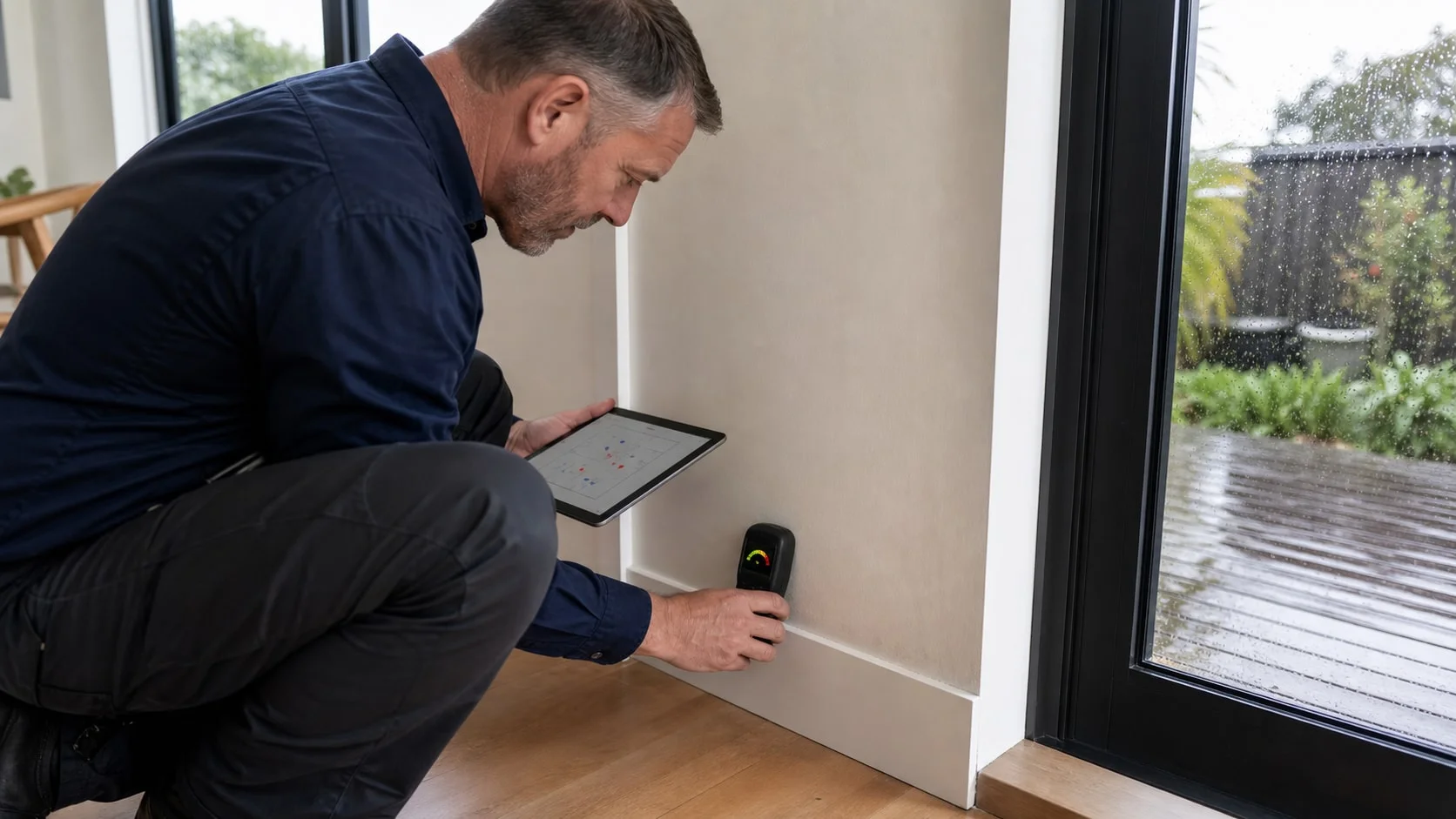 A Datum inspector mapping an elevated non-invasive moisture reading beside rain-exposed aluminium joinery in an Auckland home