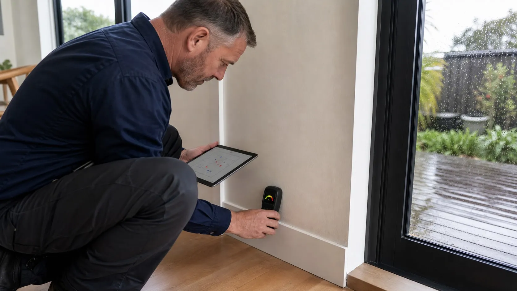 A Datum inspector mapping an elevated non-invasive moisture reading beside rain-exposed aluminium joinery in an Auckland home