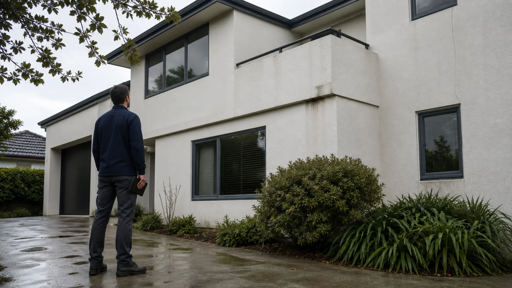 A Datum inspector assessing the rain-wet monolithic-clad exterior of an Auckland home, including its windows and enclosed balcony junction