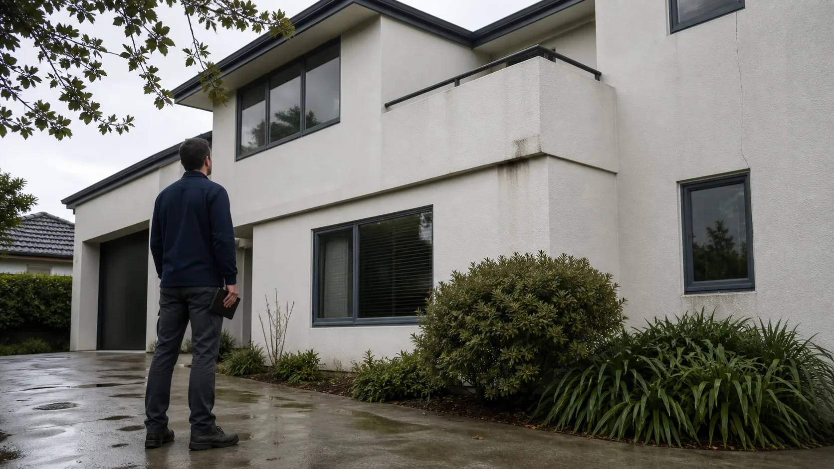 A Datum inspector assessing the rain-wet monolithic-clad exterior of an Auckland home, including its windows and enclosed balcony junction