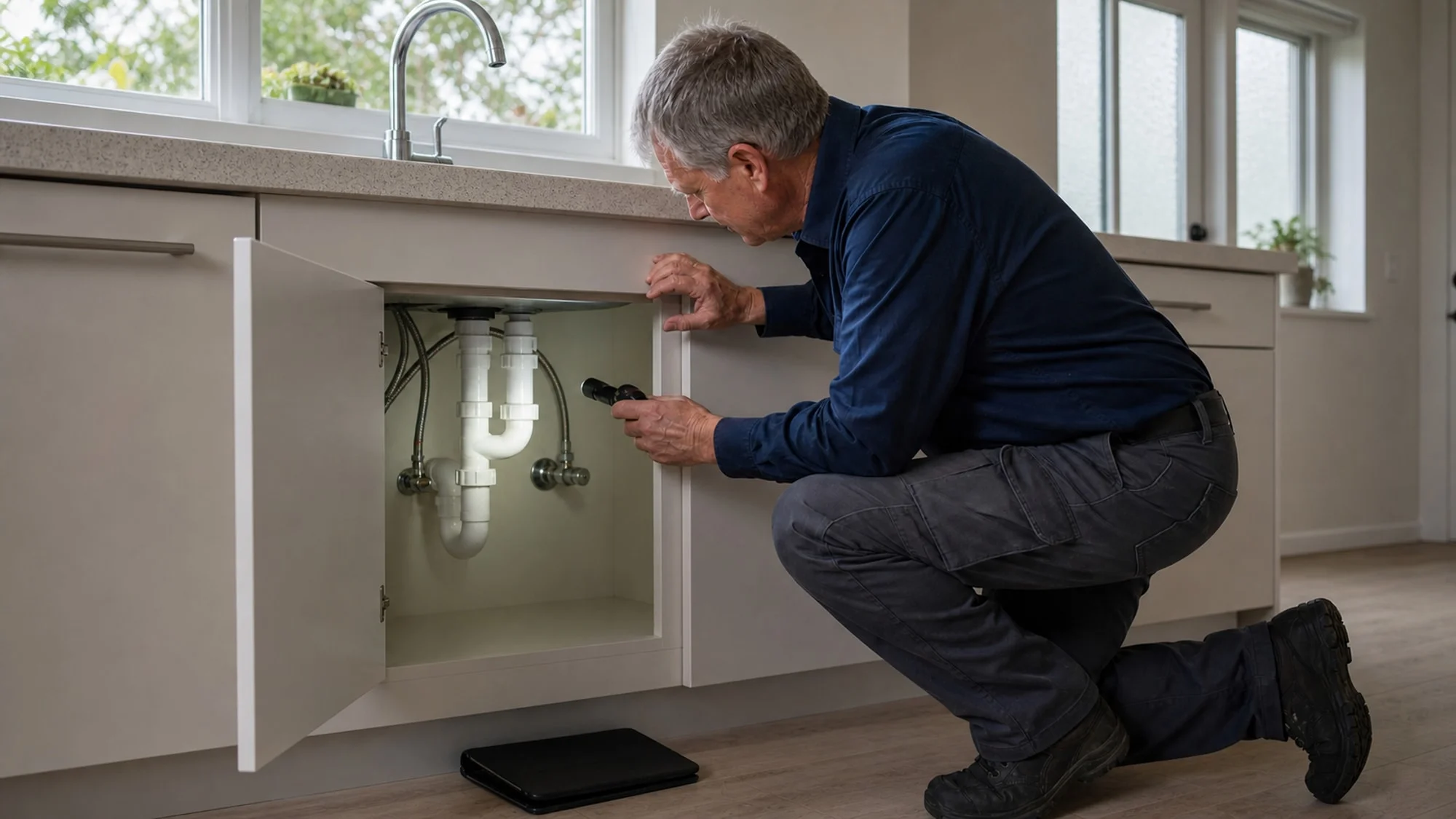 A Datum inspector using a torch to visually check accessible plumbing beneath a kitchen sink in an Auckland home