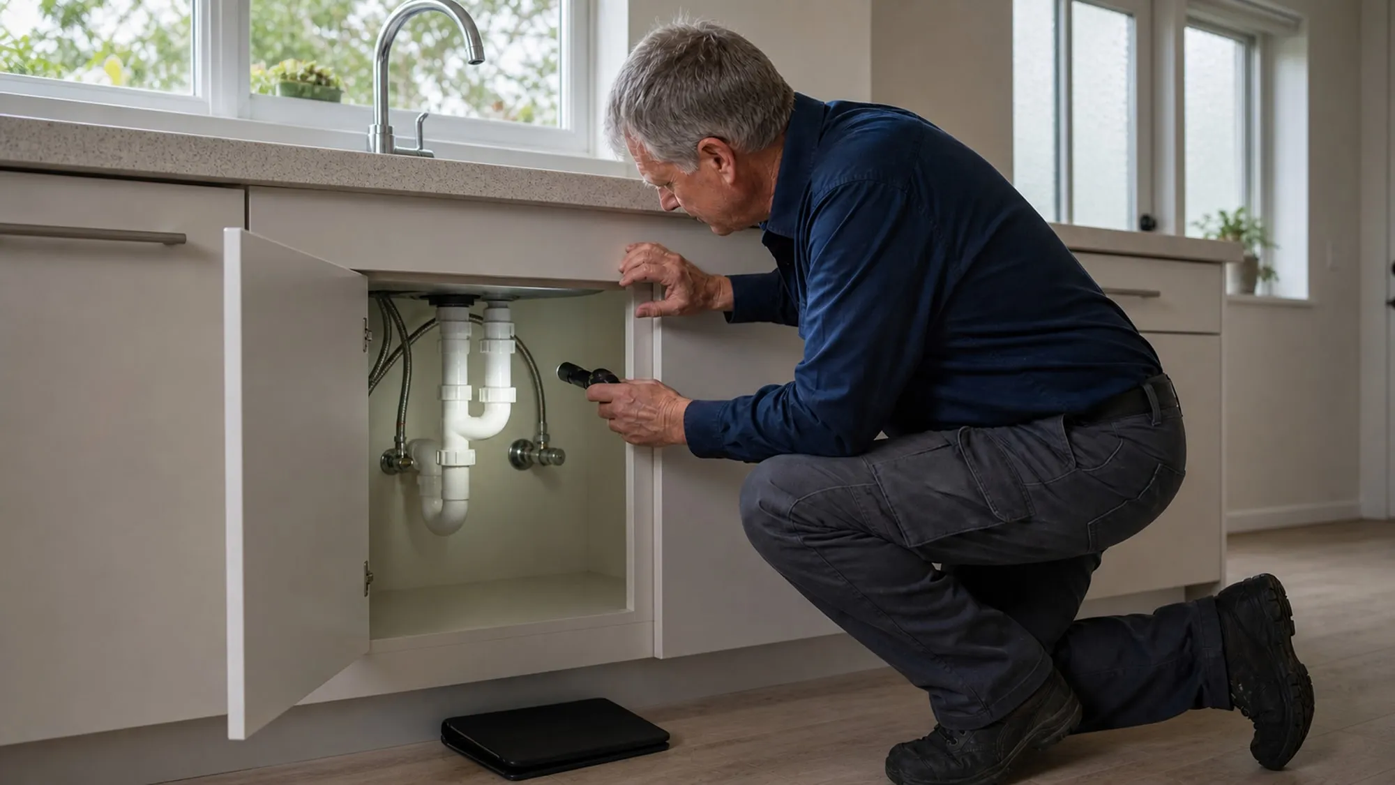 A Datum inspector using a torch to visually check accessible plumbing beneath a kitchen sink in an Auckland home