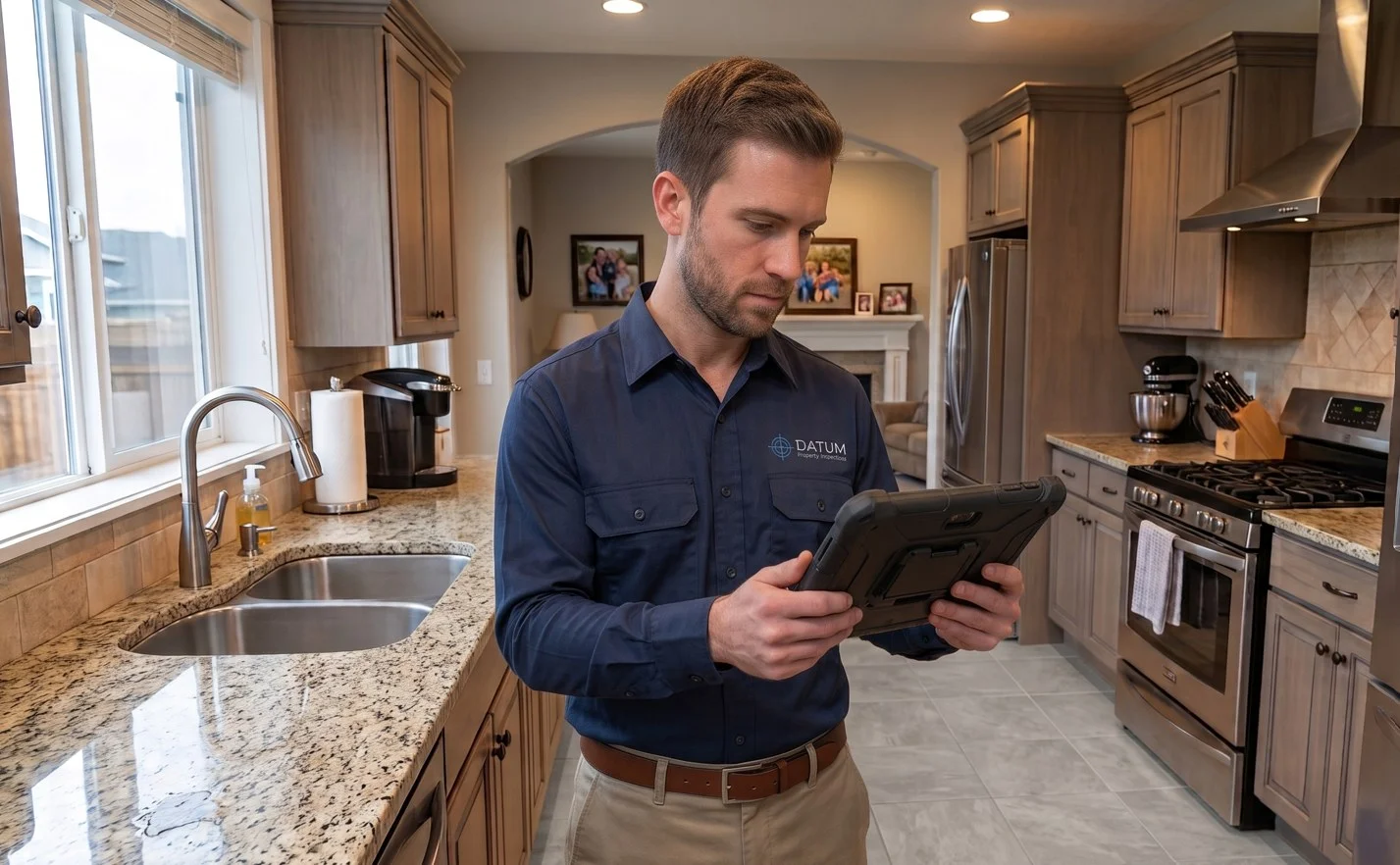 A Datum inspector recording findings on a tablet during a pre-purchase house inspection in an Auckland kitchen