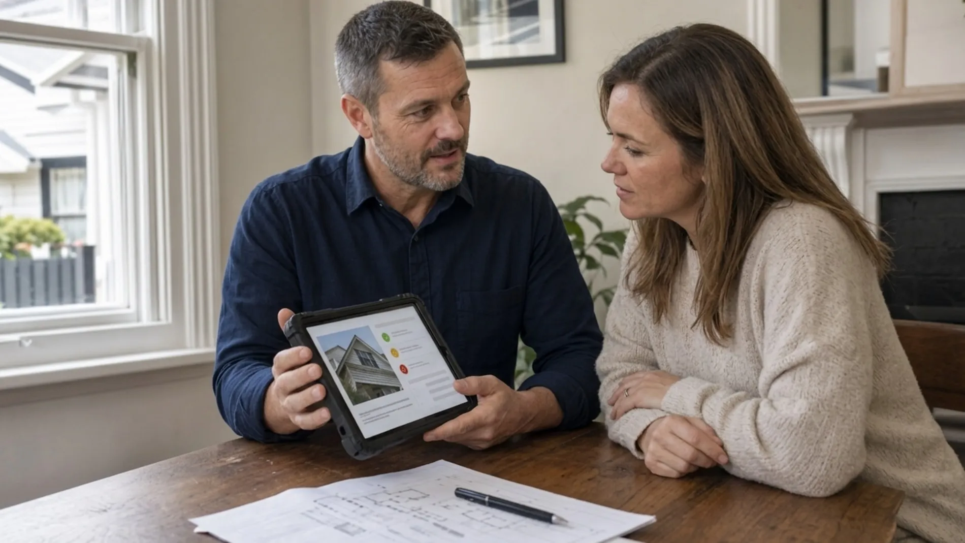 A Datum inspector explaining graded building-report findings on a tablet to a homebuyer inside an Auckland villa