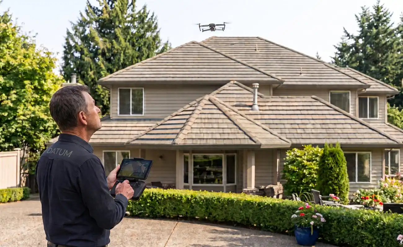 Datum inspector flying a drone to inspect the roof and high exterior of a two-storey home
