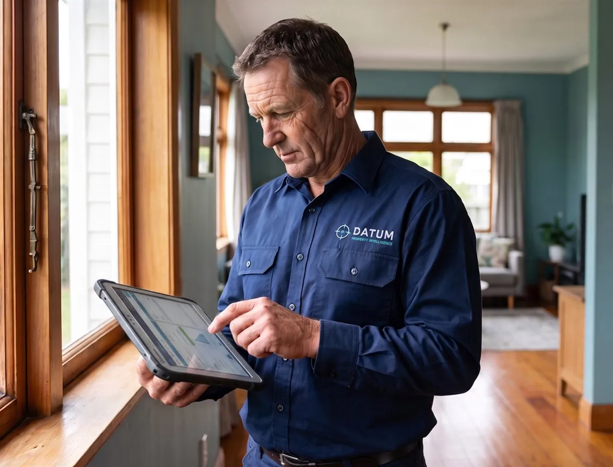 Datum inspector reviewing a property assessment on a rugged tablet inside a New Zealand home