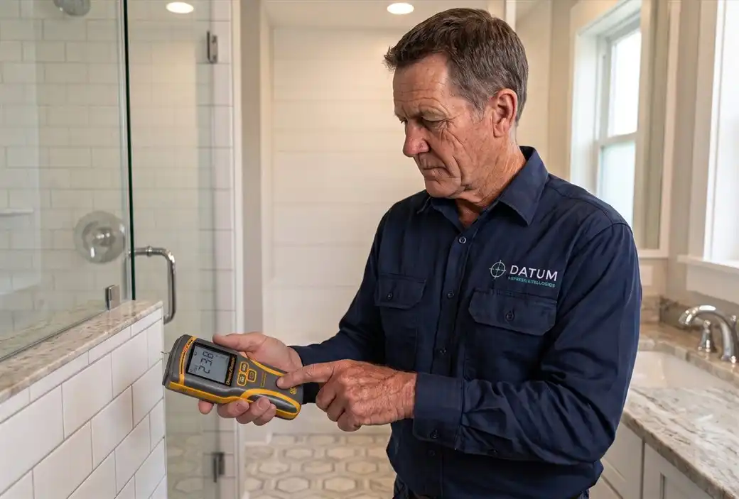 Datum inspector taking a non-invasive moisture reading in a bathroom with a handheld moisture meter
