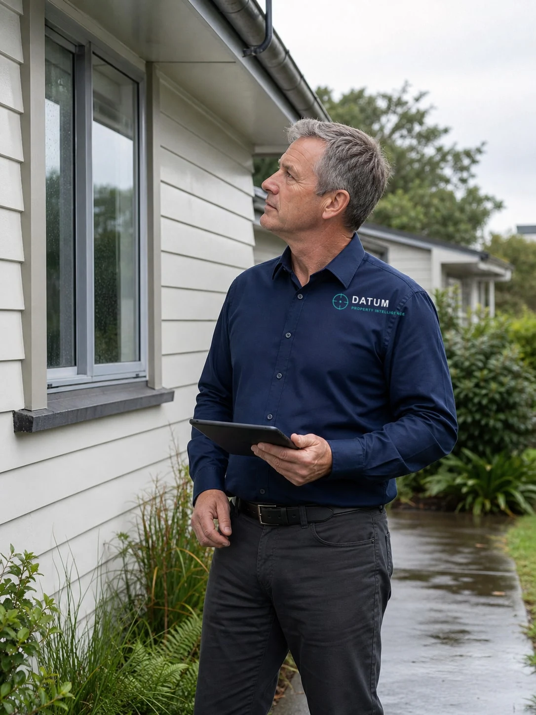 A Datum inspector assessing the windows, cladding and eaves of a weatherboard Auckland home during a pre-purchase inspection