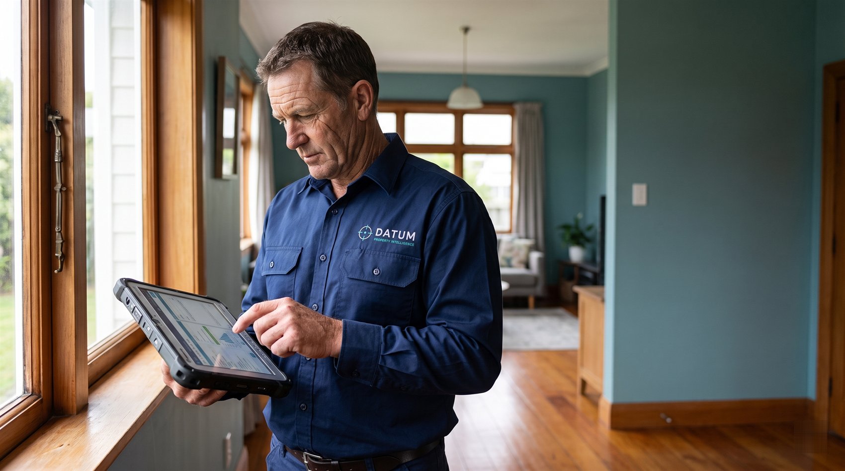 Datum inspector reviewing a property assessment on a rugged tablet inside an Auckland home